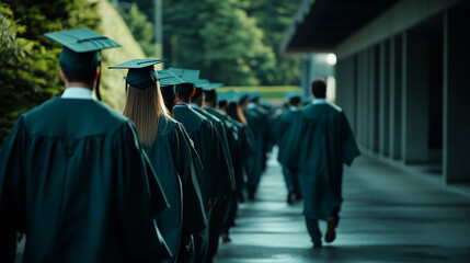 A line of graduates walking down a long pathway, their gowns flowing as they move forward toward their future, viewed from behind for a dramatic effect.