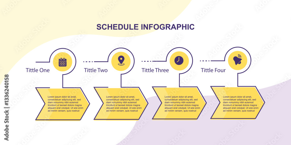 Aufkleber 4 process timeline workflow, infographic template with icons and yellow color