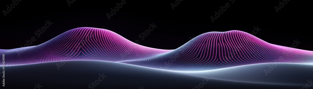 Poster Abstract landscape showing curved glowing lines and multiple peaks on a black background
