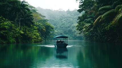 A solar-powered boat cruising along a calm river surrounded by tropical trees and wildlife.