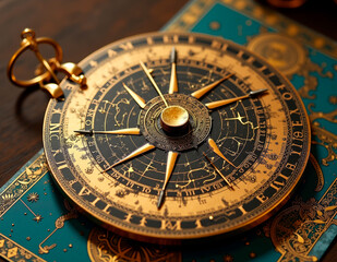 Brass astrolabe ornament engraved with zodiac constellations, capturing the celestial beauty of the winter solstice, perfect for cosmic holiday decor.