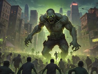 Fototapeta premium giant zombie, green monster, funny cartoon zombie