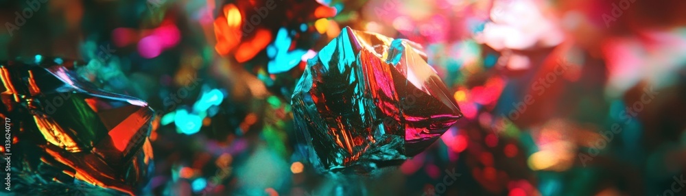 Poster beautiful iridescent faceted crystals shining in a vibrant and colorful display