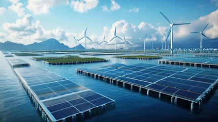 Innovative sustainable energy with floating solar panels and wind turbines near mountain