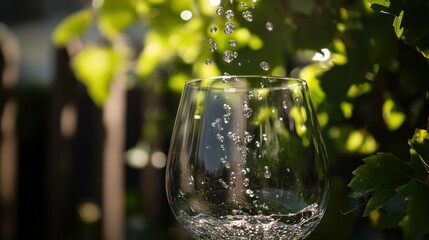 Clear water droplets fall into a transparent glass in nature