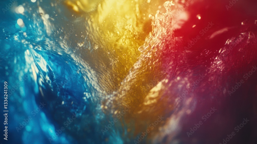 Poster a close up photo showing colorful water splashing dramatically