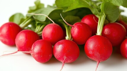 Freshly picked red radishes with vibrant green leaves displayed together