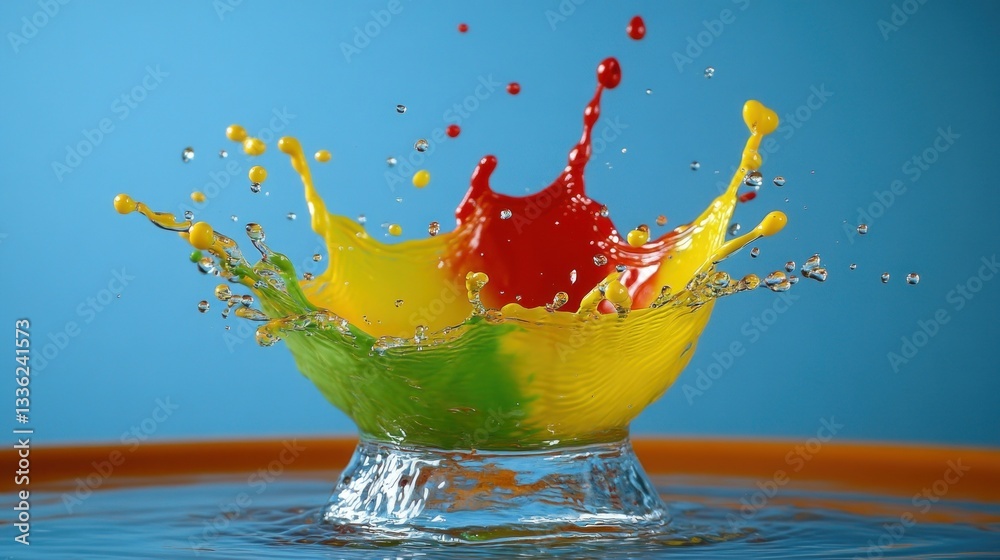 Poster colorful paint splash crown creation exploding with liquid water droplets