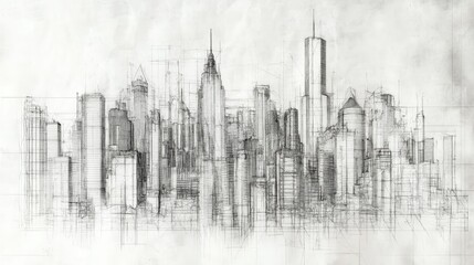 Naklejka premium Abstract architectural sketch of a city skyline, showcasing tall buildings and urban design elements