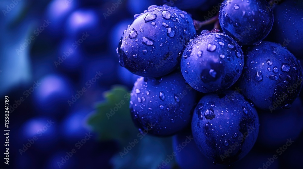 Poster close up view showing a bunch of dark purple grapes