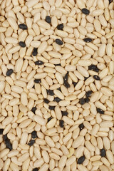 A top-down shot of a pile of white beans with scattered black beans throughout