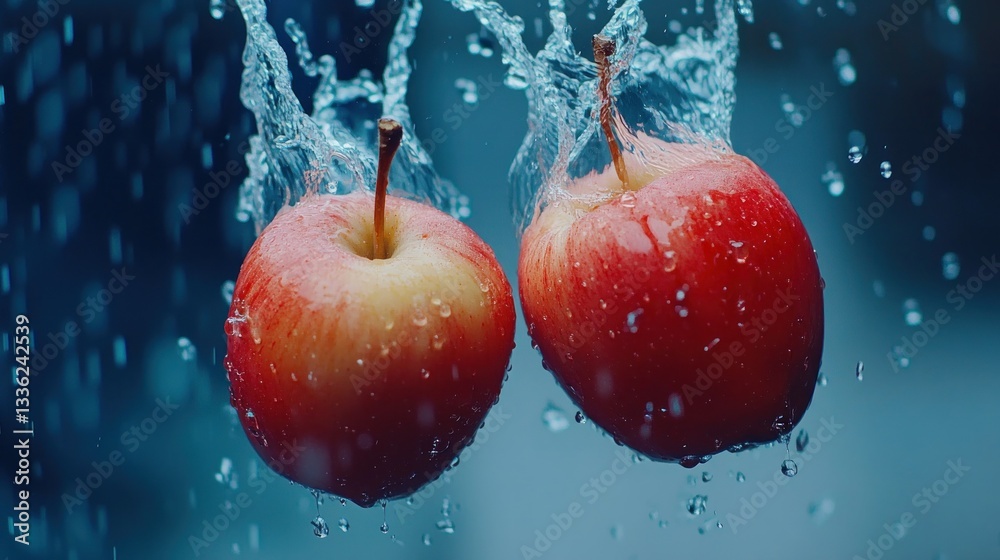 Poster Two apples submerged in water with splashing movement