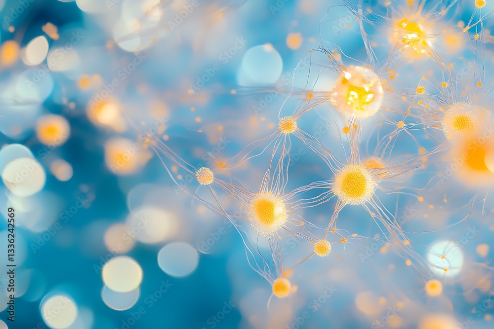 Poster Abstract neural network, glowing nodes and connections on blue bokeh background.