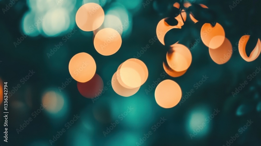 Poster bokeh lights in dark teal background with illuminated foliage details