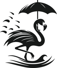 vector illustration of a flamingo holding an umbrella in the wind