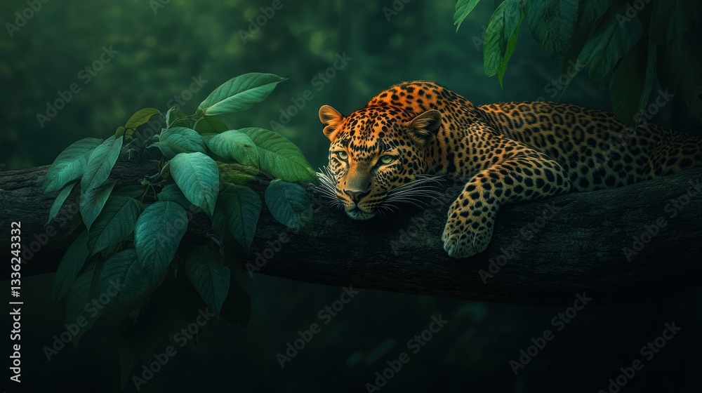 Poster a beautiful leopard resting on a tree branch surrounded by leaves