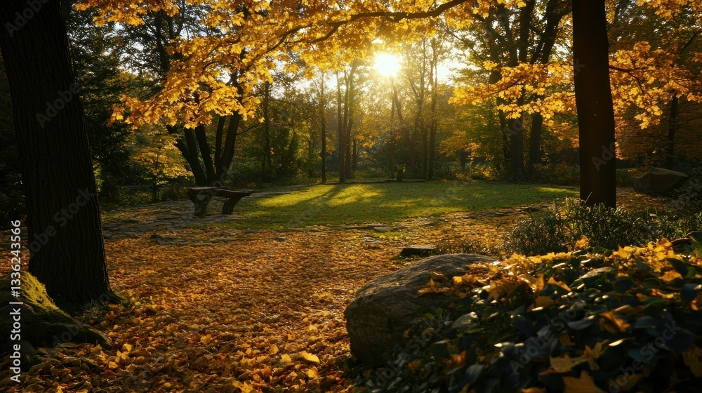Poster autumnal sunlight illuminates a forest clearing with a bench and trees