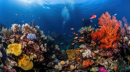 Fototapeta premium A vibrant coral reef with deep blue waters, teeming with marine life, a paradise for adventure diving.