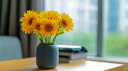 A vase of sunflowers sitting on a table in front of a window