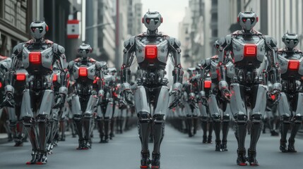 A futuristic city street filled with humanoid robots marching in unison, showcasing advanced technology and urban life
