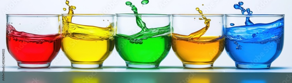 Poster five glasses containing colorful liquids showing splashes and movement