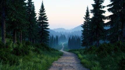 scenic nature trail winds through lush forest with tall evergreen trees and soft morning light