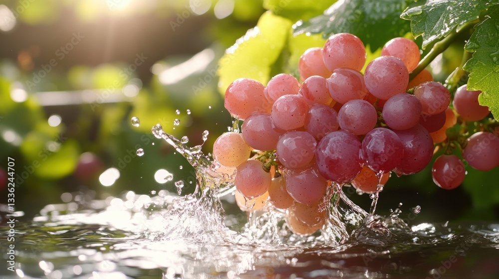 Poster A cluster of ripe grapes with water splashing around them