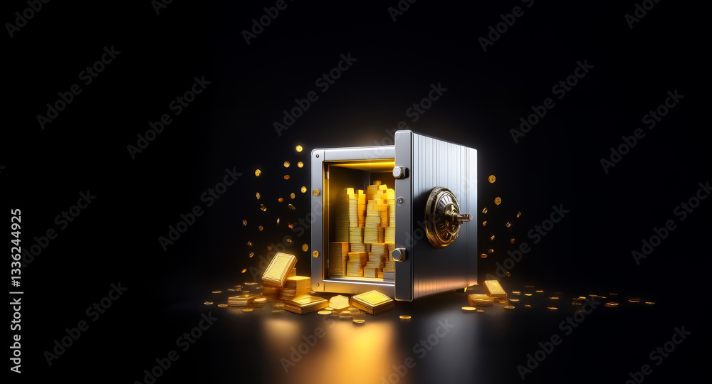 Poster illuminated open safe with gold bars and coins, symbolizing wealth and security against a stark blac