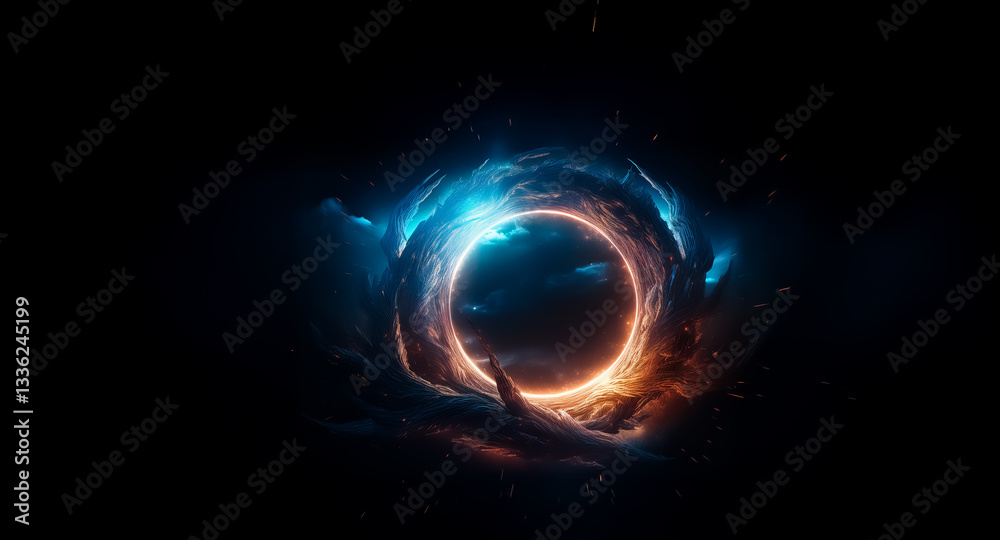 Poster Glowing portal of energy in dark space, swirling with vibrant blue and orange hues, creating a cosmic vortex effect with nebulae-like clouds surrounding the bright center.