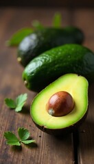 Sliced avocado with pit on rustic wooden background, natural, fruit, wooden