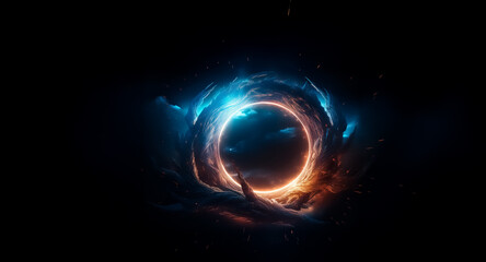 Glowing portal of energy in dark space, swirling with vibrant blue and orange hues, creating a cosmic vortex effect with nebulae-like clouds surrounding the bright center.