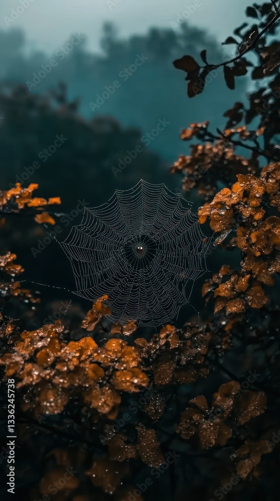 Poster a spiderweb glistens with dew drops in a dark environment