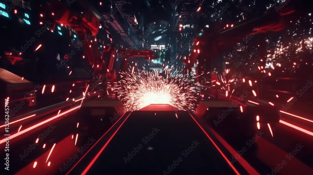 Poster Automated robotic arms creating sparks in an industrial environment