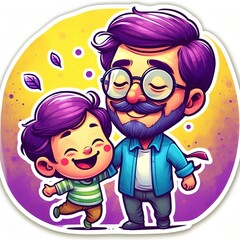 Naklejka premium Bright sticker Happy Father's Day, Dad's Day, Baby with Dad, shades of purple and yellow, hearts, balloons, gifts reminiscent of watercolor paper.