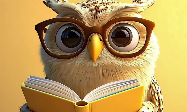 Curious owl reading a yellow book on a yellow background