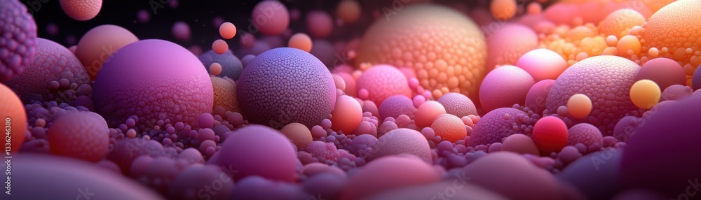 Poster a panoramic view of colorful textured spherical formations is shown