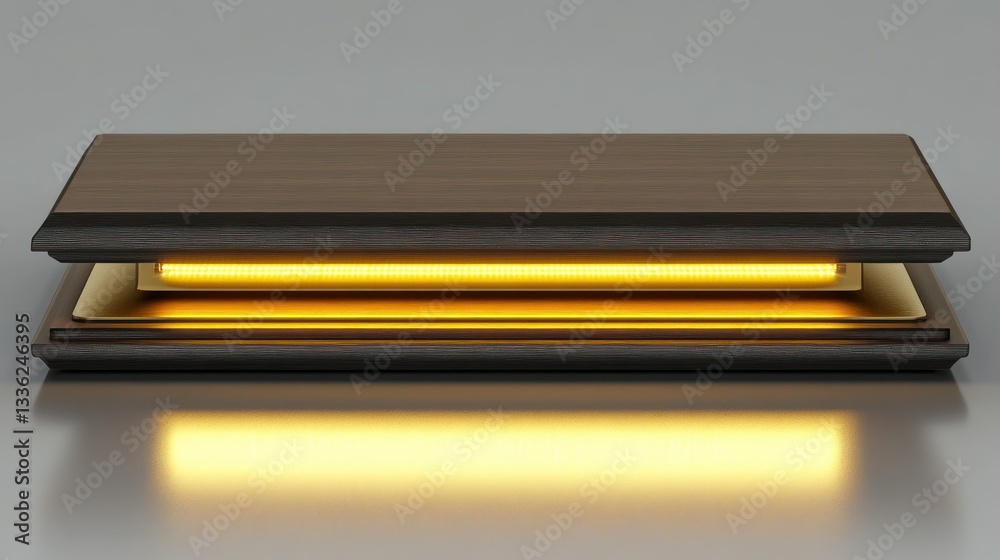 Poster illuminated wooden structure with warm light and a reflective surface