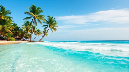 Stunning Tropical Beach Scene Azure Water Palm Trees sea sky sun sand blue calm ocean waves coast   