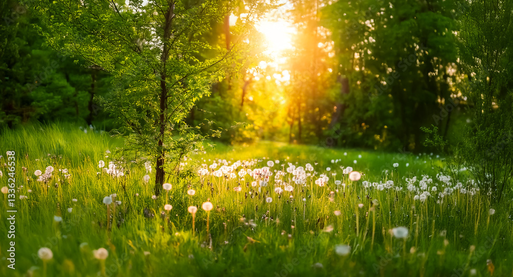 Poster Sunlight streams through trees, illuminating a lush green forest and a field of fluffy white dandelions in a serene natural scene.