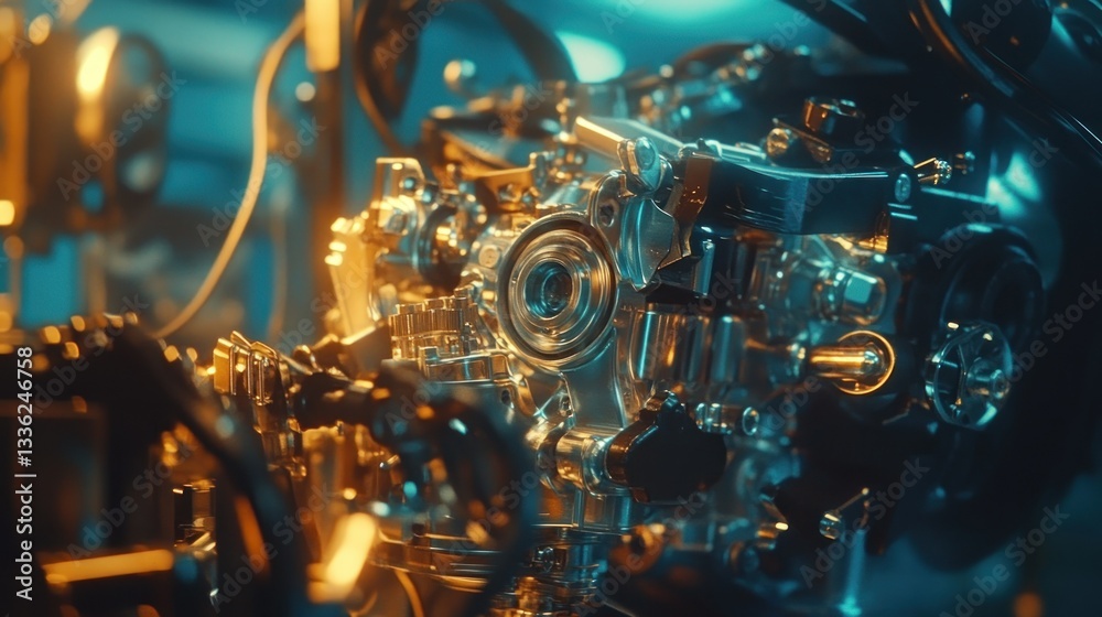 Poster a close up photograph of a complex engine assembly