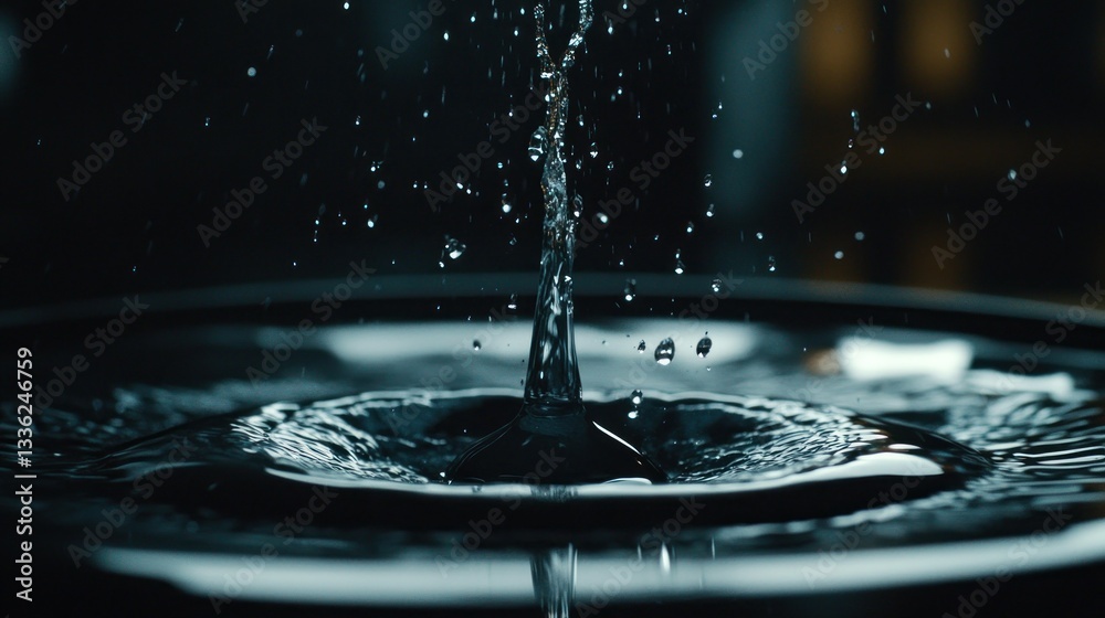 Poster Falling water forms a splash and tiny droplets in motion