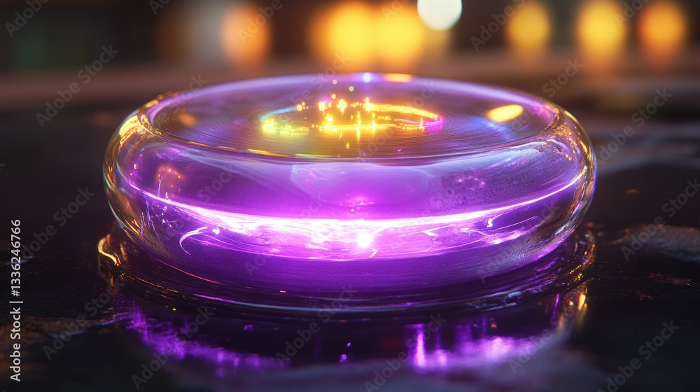 Poster a glowing futuristic purple and yellow circular illuminated object