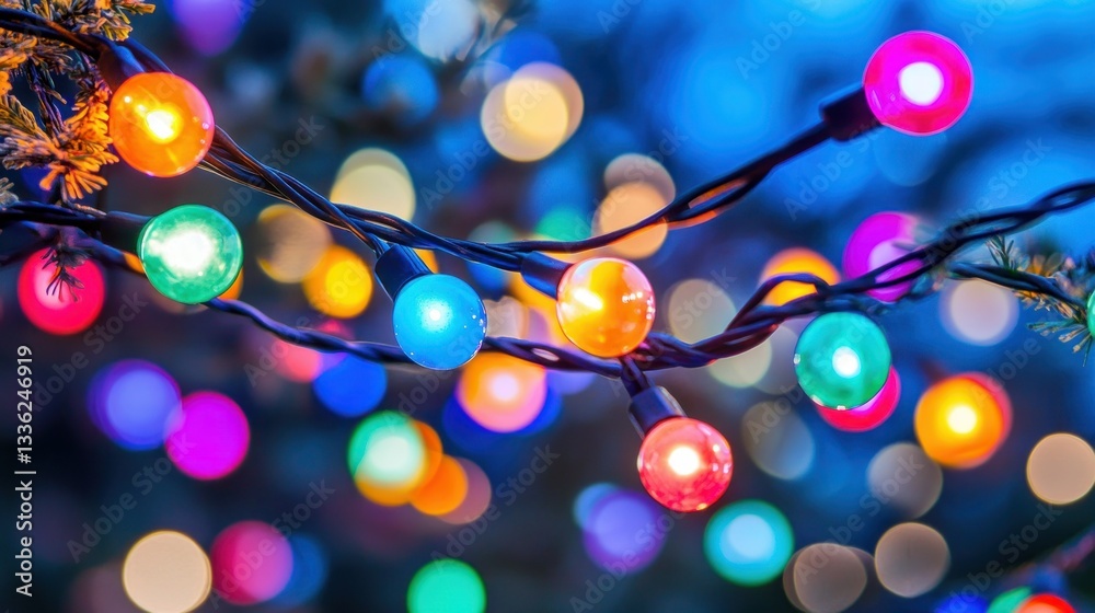 Poster Colorful string lights illuminating against a blurred background of bokeh