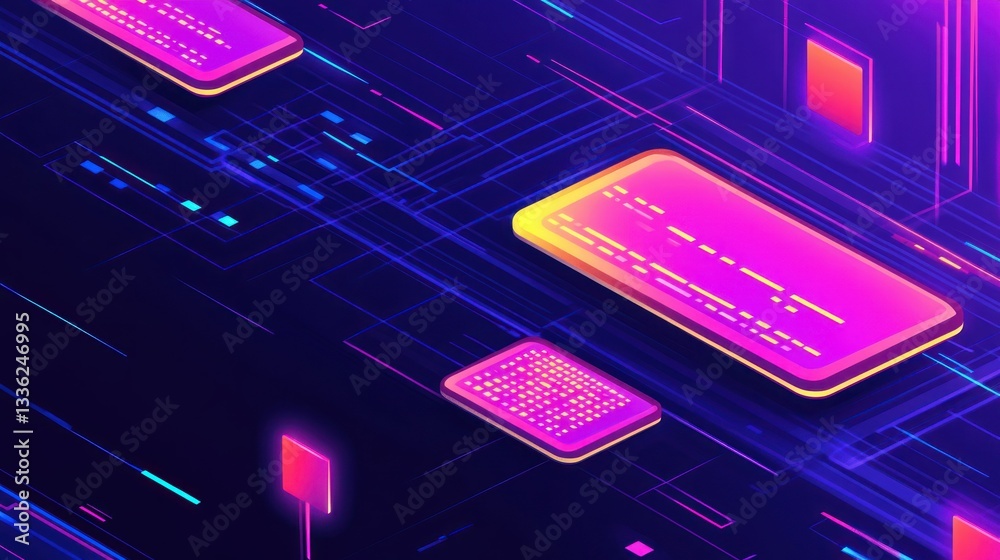 Poster Digital devices and technology connect through glowing blue networks everywhere