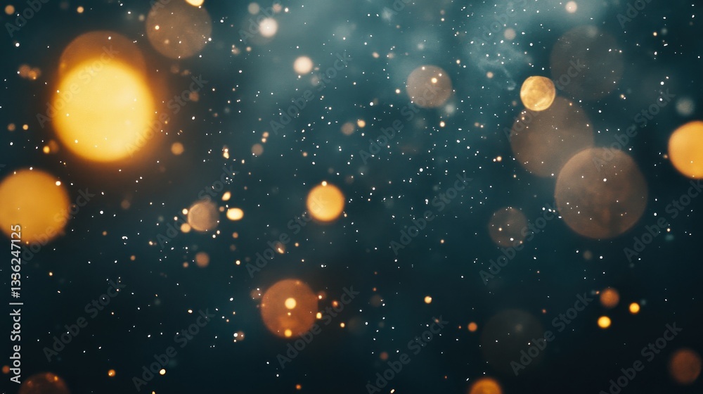 Poster golden orbs and small particles floating against a dark background