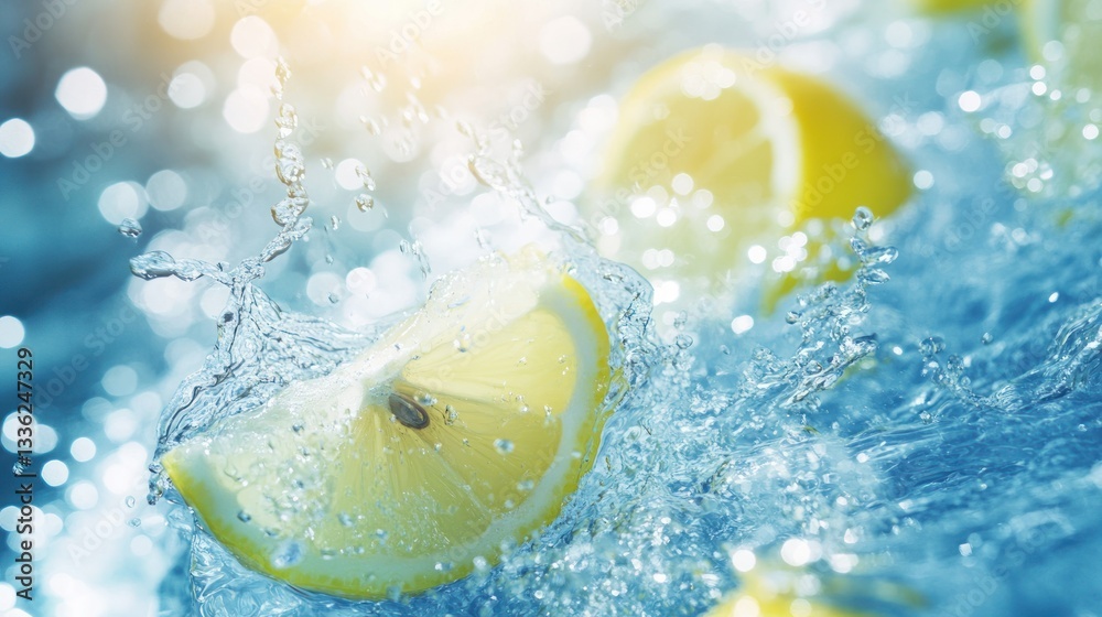 Poster yellow lemons splash into refreshing clear water creating a beautiful scene