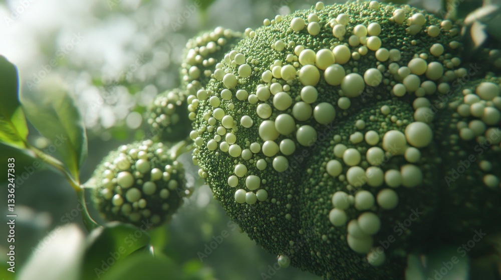 Poster a macro image of green spherical organic shapes with spheres