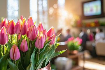 Digital tablet streaming online service surrounded by spring tulips