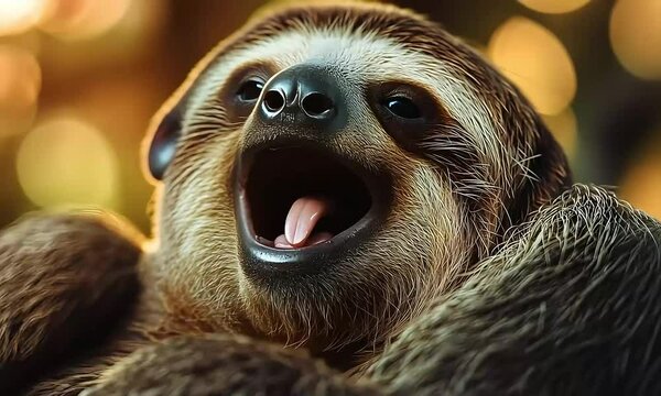 Funny sloth yawning with its mouth wide open