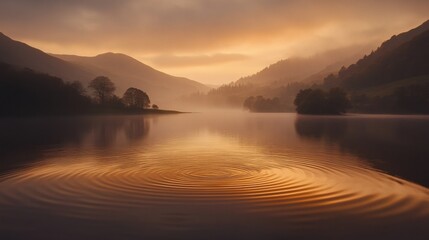 Obraz premium Tranquil Sunset Over Serene Lake with Ripples and Misty Mountains